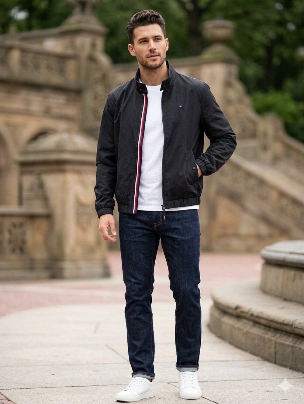 Tommy Hilfiger Men Black Bomber Jacket Striped Zip Placket Trim
